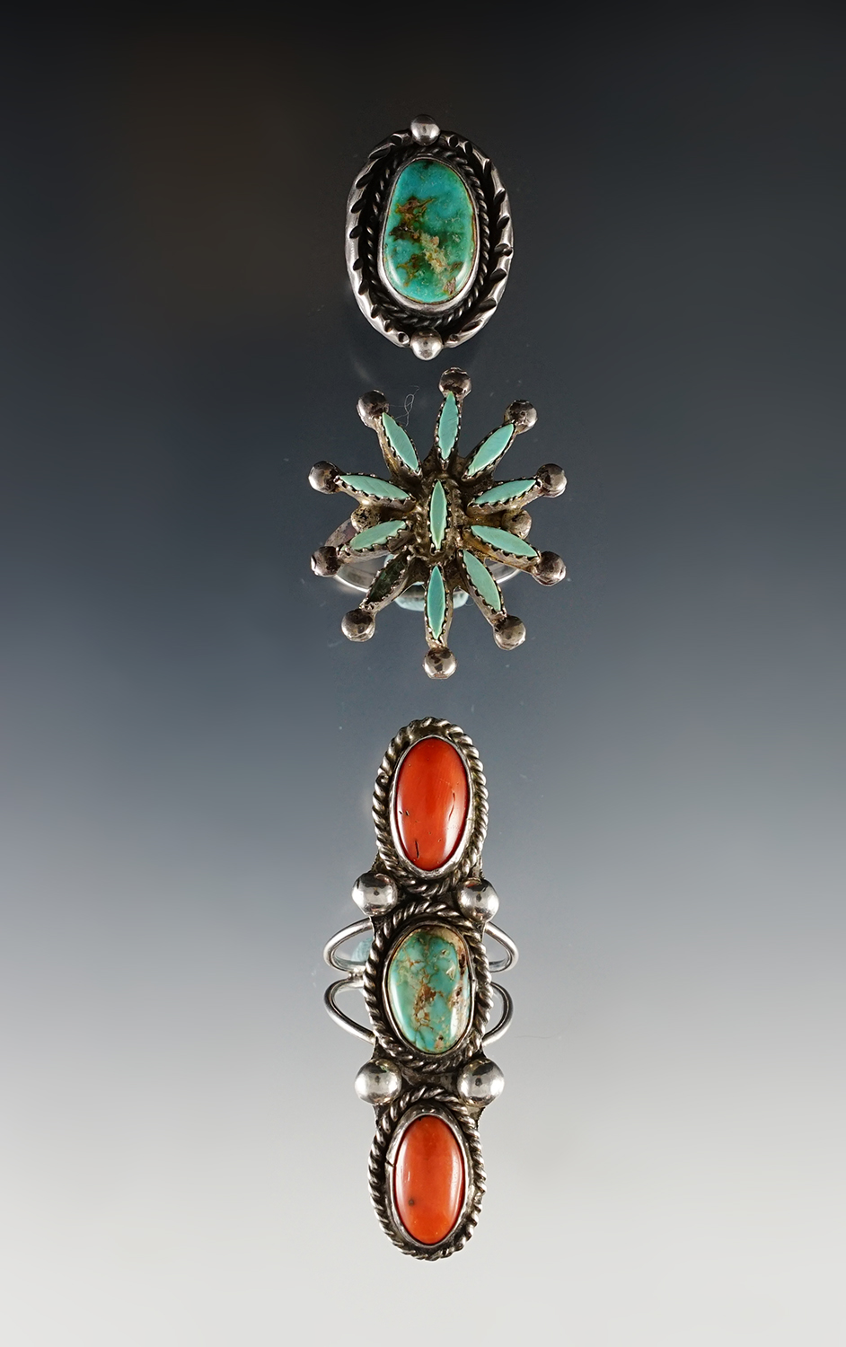 Set of 3 vintage Southwestern Turquoise Rings. Sizes are 2 1/2, 5 1/2, 9.