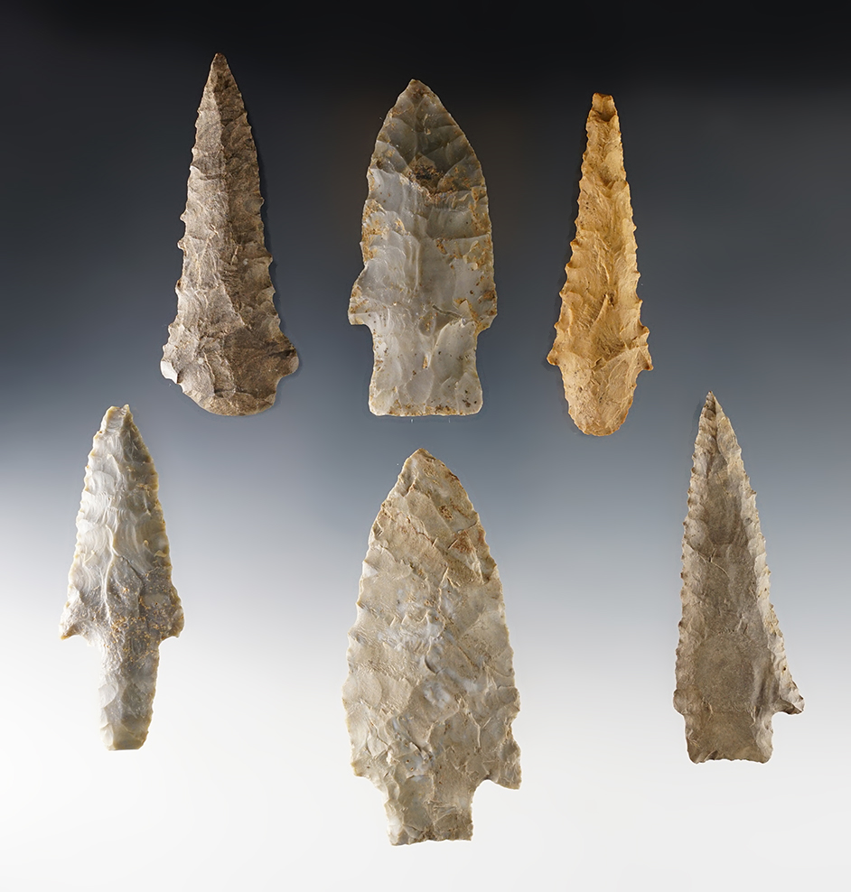 Set of 6 nice points found by Joseph Dillion in Calloway Co., Kentucky. The largest is 3 3/16".