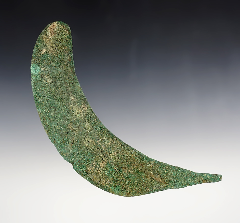 7 1/16" Curved Knife made from nicely patinated Copper. Found in Peru. Bennett COA.