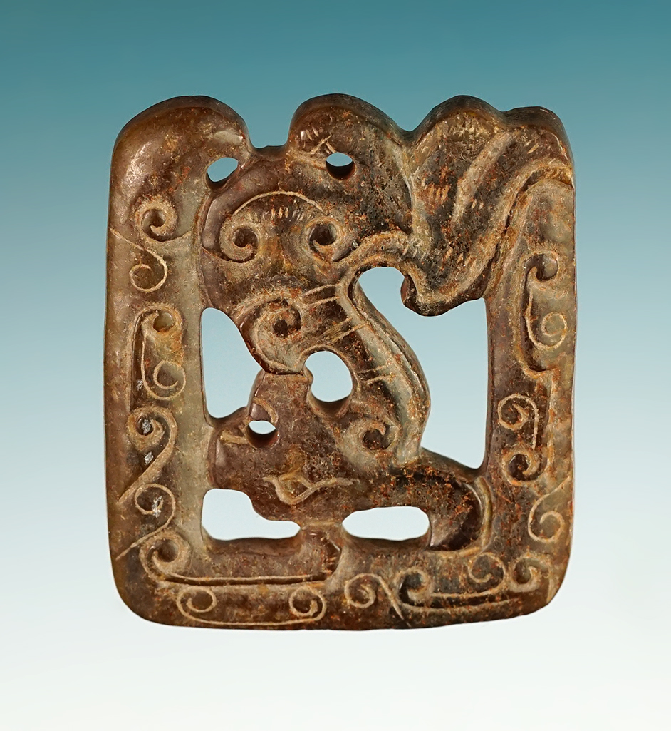 Nicely carved 1 7/8" Square-shaped Dragon Panel Cutout found in SE Asia. Ex. Clem Collins.