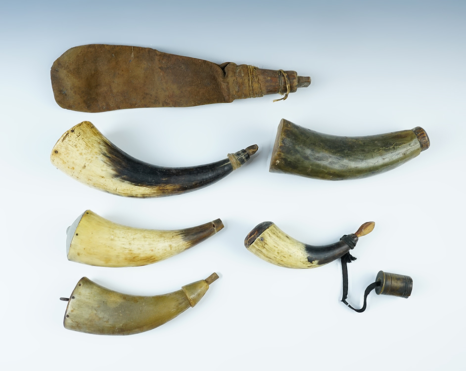 Set of 6 vintage Powder Horns in good condition. The largest is 9 5/8".