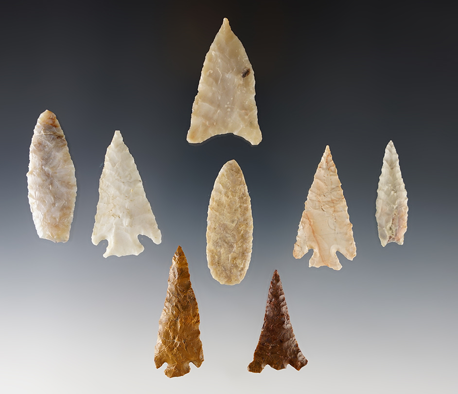 Set of 8 well made points found in Nevada. The largest is 1 7/8".