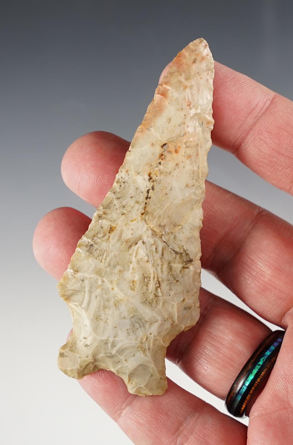 Well patinated 3 5/8" Archaic Bifurcate found in the Missouri/Illinois area. Bennett COA.