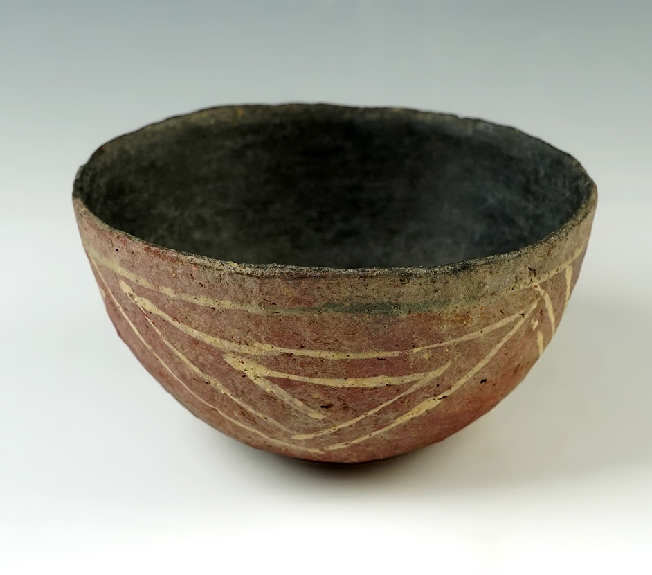 Excellent thin bowl Pottery Vessel that measures 4 1/8" x 2 1/4" tall. Well patinated with nice designs.