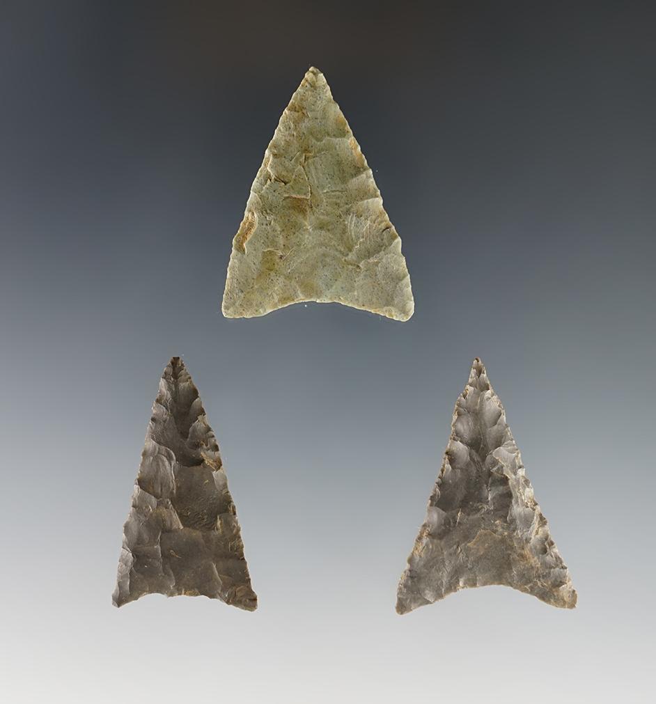 3 Triangular points found in Afton, Chenango Co., NY on the  Decker, Shultz and Groover farms. 