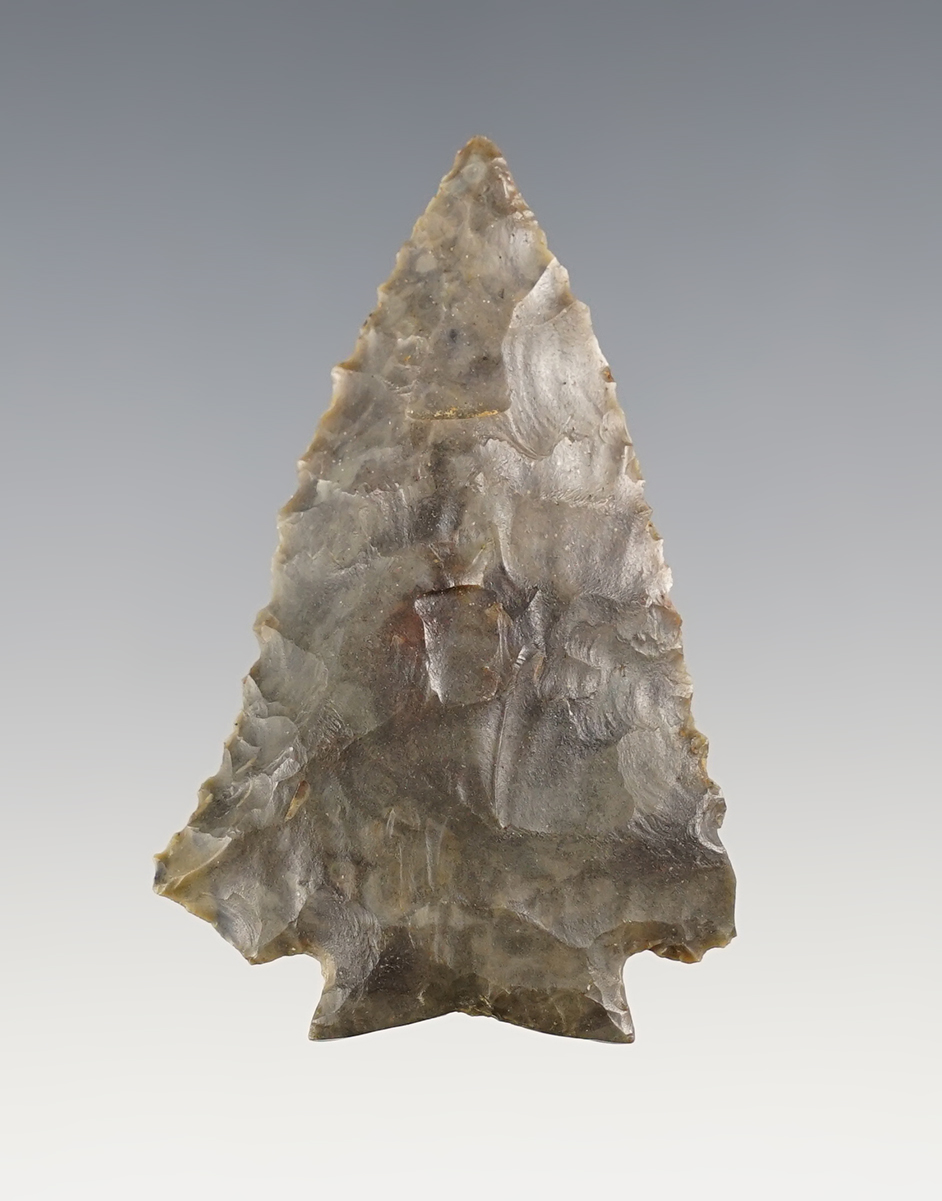 Exceptional flaking on this 2 1/4" Decatur Fracture-Base found in Kentucky.  Sonora Flint.