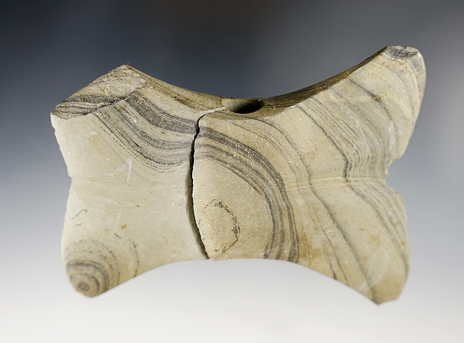 Uniquely styled 4 1/4" wide Bannerstone found on the Witmer family farm between 1829-1900.