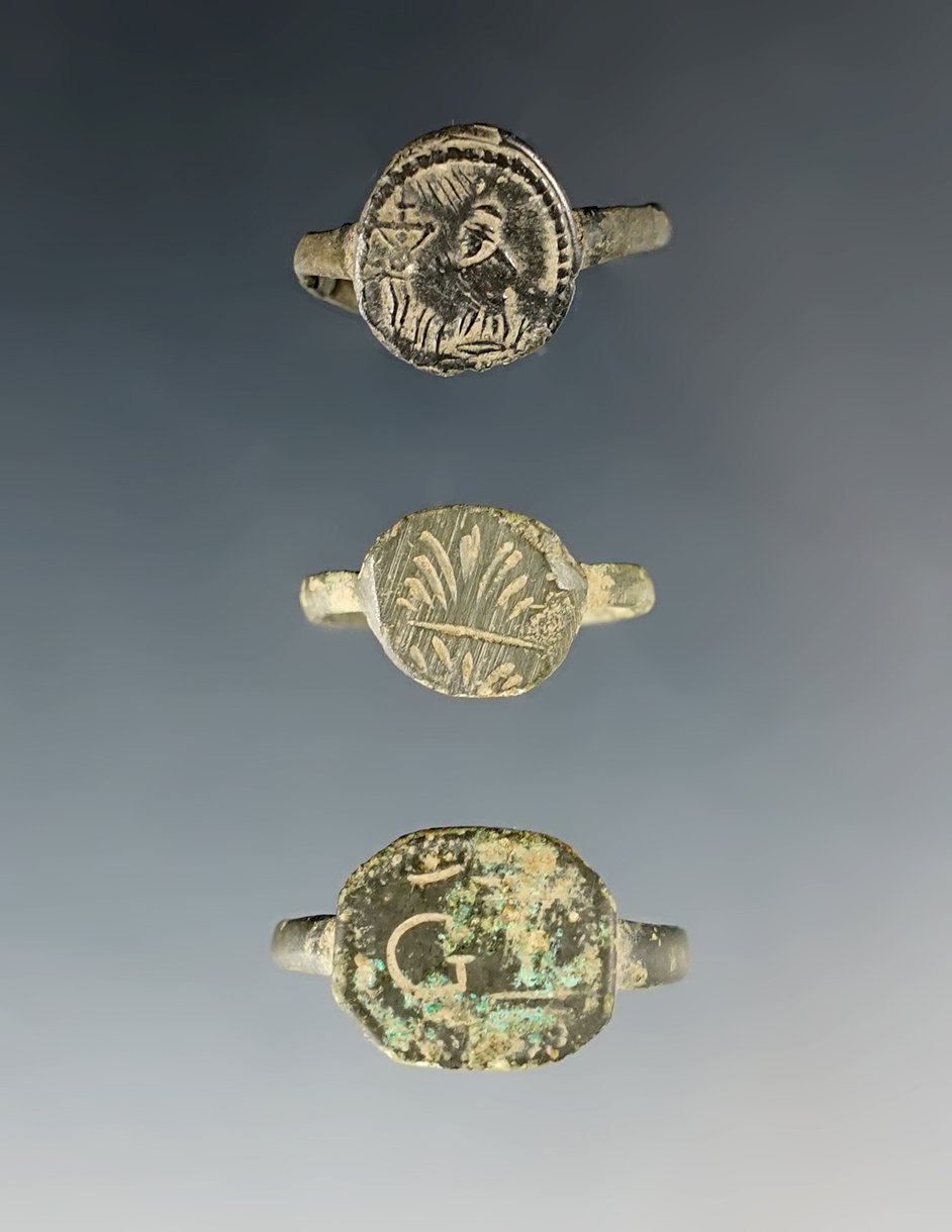 Set of 3 nice Trade Rings with floral and misc. insignia's. Found at the White Springs Site, Geneva, NY