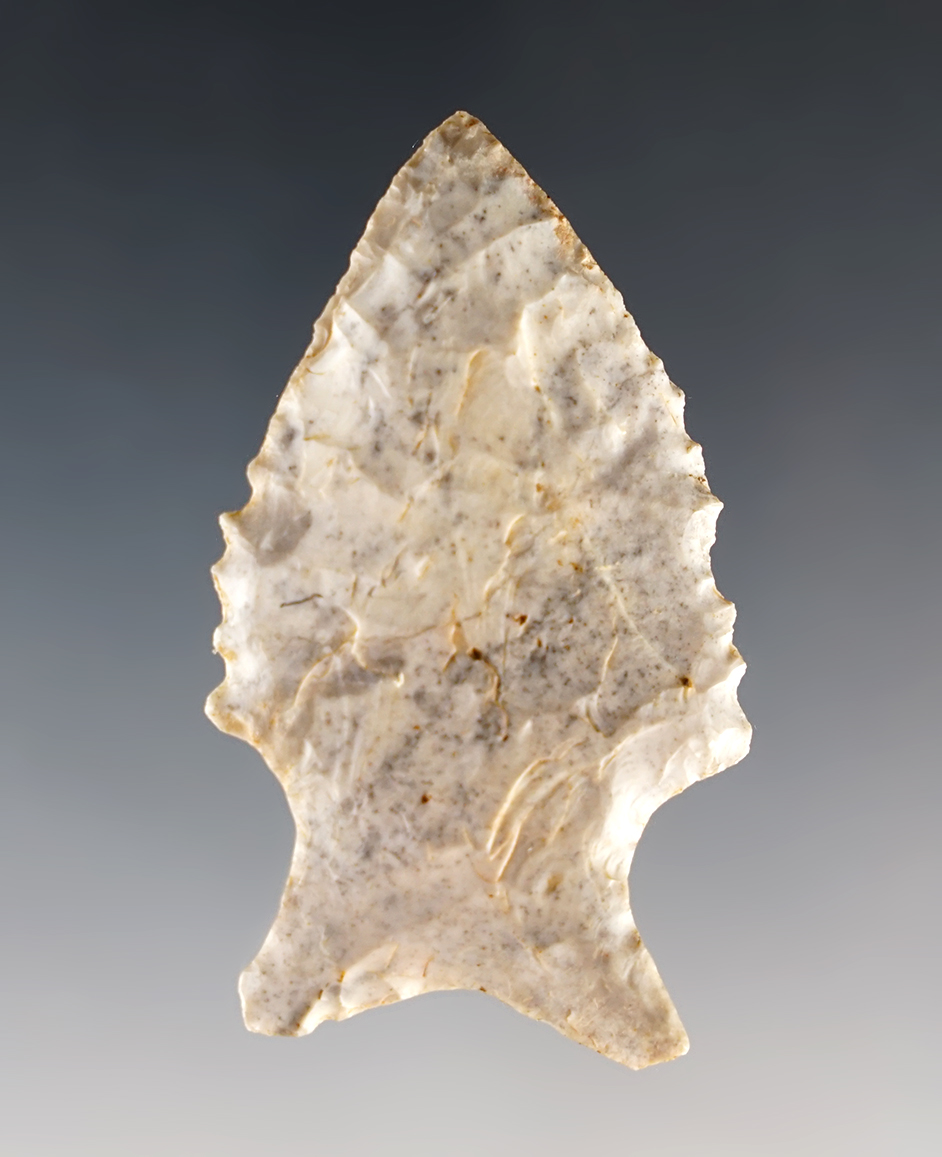 Nicely serrated 2 3/8" heavily patinated fishtail style knife with heavily ground stem area.