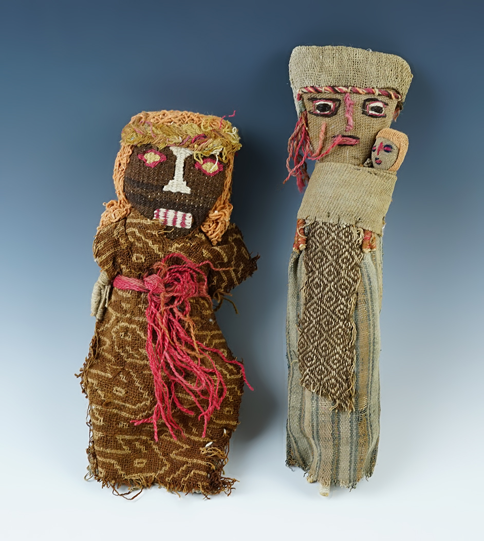 Pair of large ancient textile dolls recovered in Peru in excellent condition. Largest is 10" tall.