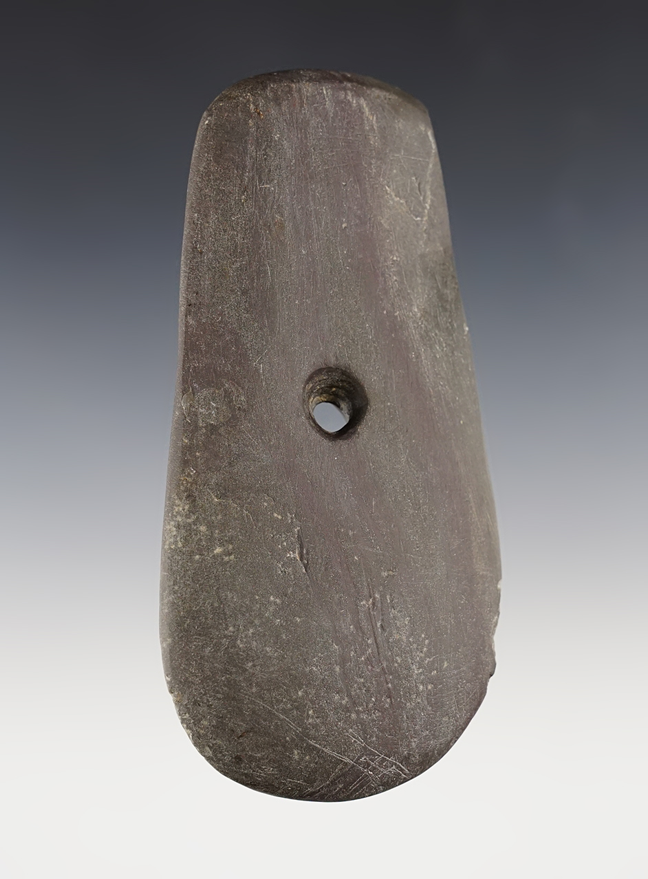 4 15/16" Keyhole Pendant found in Preble Co., Ohio. Made from Banded Slate that is patinated.