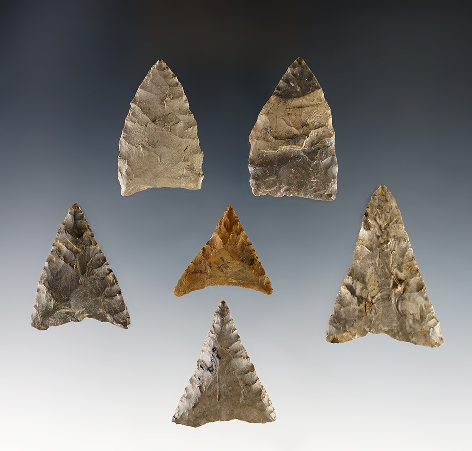 Set of 6 Triangular points found in Afton, Chenango Co., New York.
