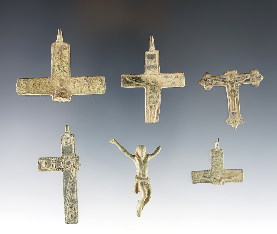 Set of 6 broken brass Trade Crosses found at the White Springs Site, Geneva, New York. 