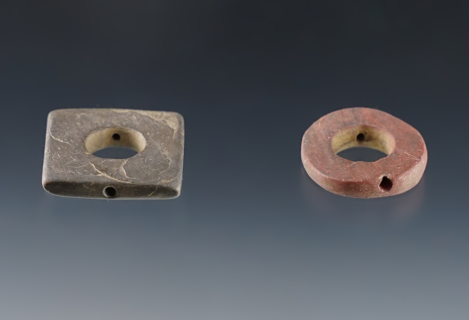 Pair of Slate Pendants, one Square and one Circular. Found at the White Springs Site, Geneva, NY. 