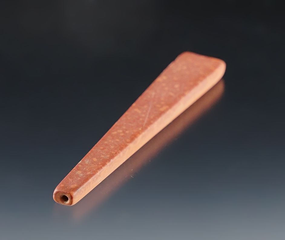 Impressive! 3 5/16"  Red Slate Trapezoidal Bead that is fully drilled. Found in Geneva, New York.