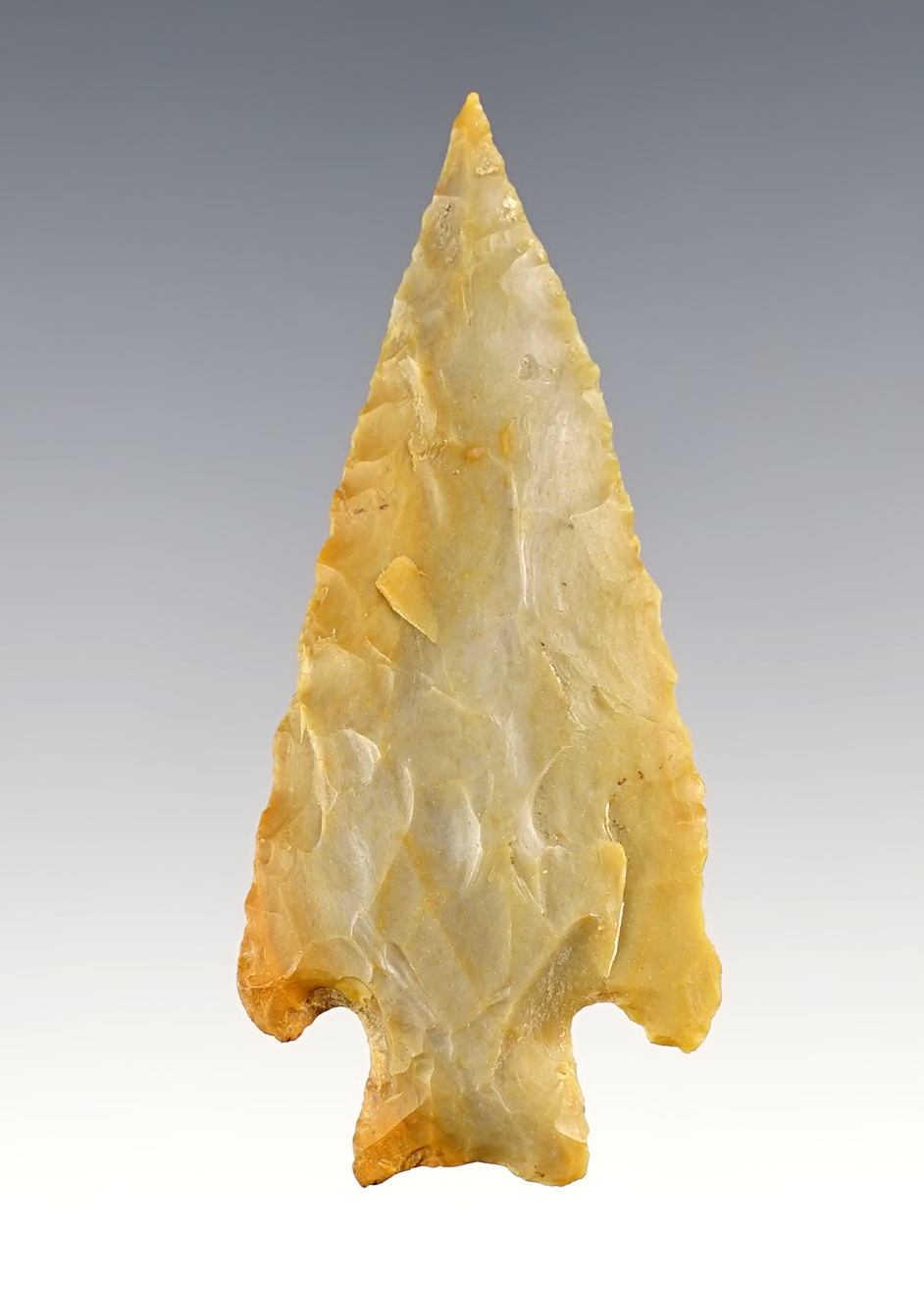 Needle tipped 2 7/16" Bifurcated Archaic point found in Alabama. Well patinated and excellent age.