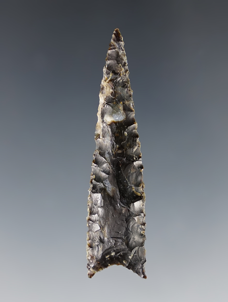 2 1/8" Canalino Triangular made from Monterey Chert. Found  in Santa Barbara Co., California.  COA. 