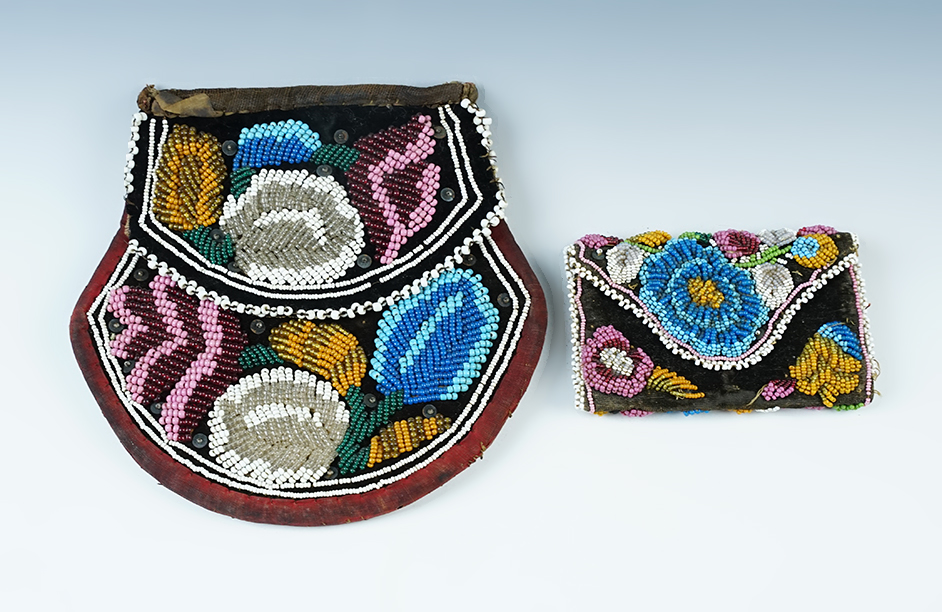Pair of Iroquois trade beadwork purses circa 1890s-1920s. Largest is 6 1/2".