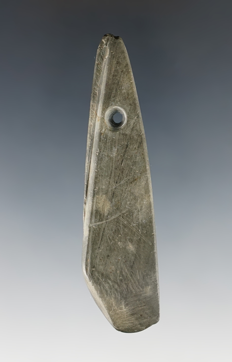 3 1/8" Banded Slate Pendant anciently salvaged from a larger relic. Stark Co., Ohio.