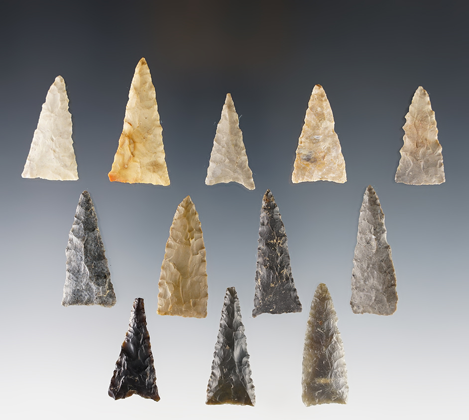 Set of 12 well made Triangle points found in the Kentucky/Tennessee area. The largest is 1 9/16".