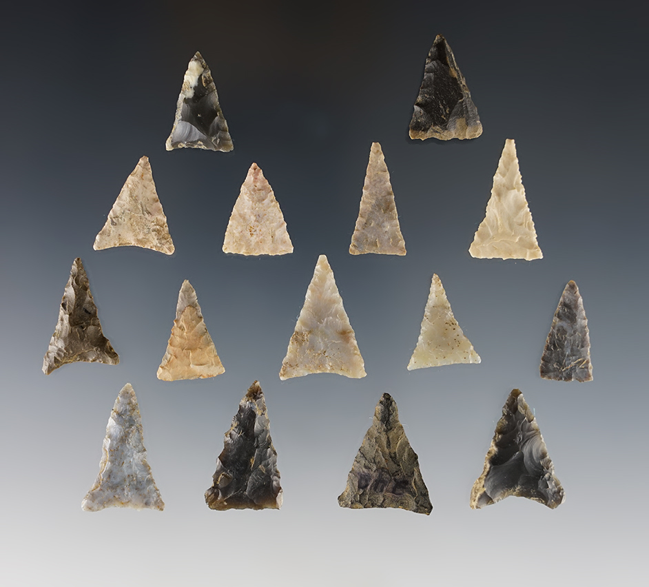 Set of 15 Triangle points found in the Kentucky/Tennessee area. The largest is 1".