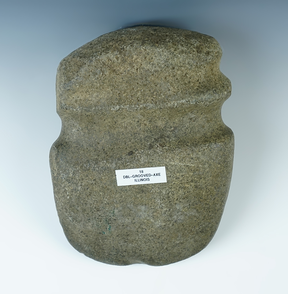 Large and rare style! 7" long by 5 1/4" camp Axe - very unique double groove. Recovered in Illinois.