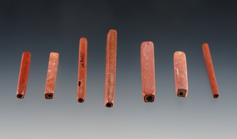 Rare! Set of 7 Well Styled Sq. red slate and Catlinite drilled tube beads, Geneva New York. 