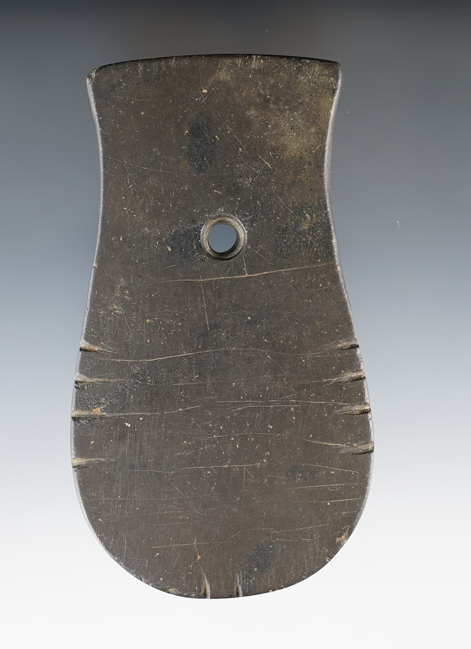 4 3/8" Slate Adena Keyhole Pendant. Tallied & engraved. Hancock Co., Indiana. Pictured!  Davis COA.