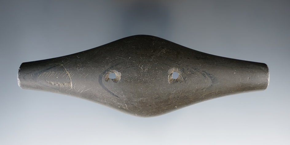 5 1/2" Adena Expanded Center Gorget made from green and black Banded Slate. Found in Champaign Co.,