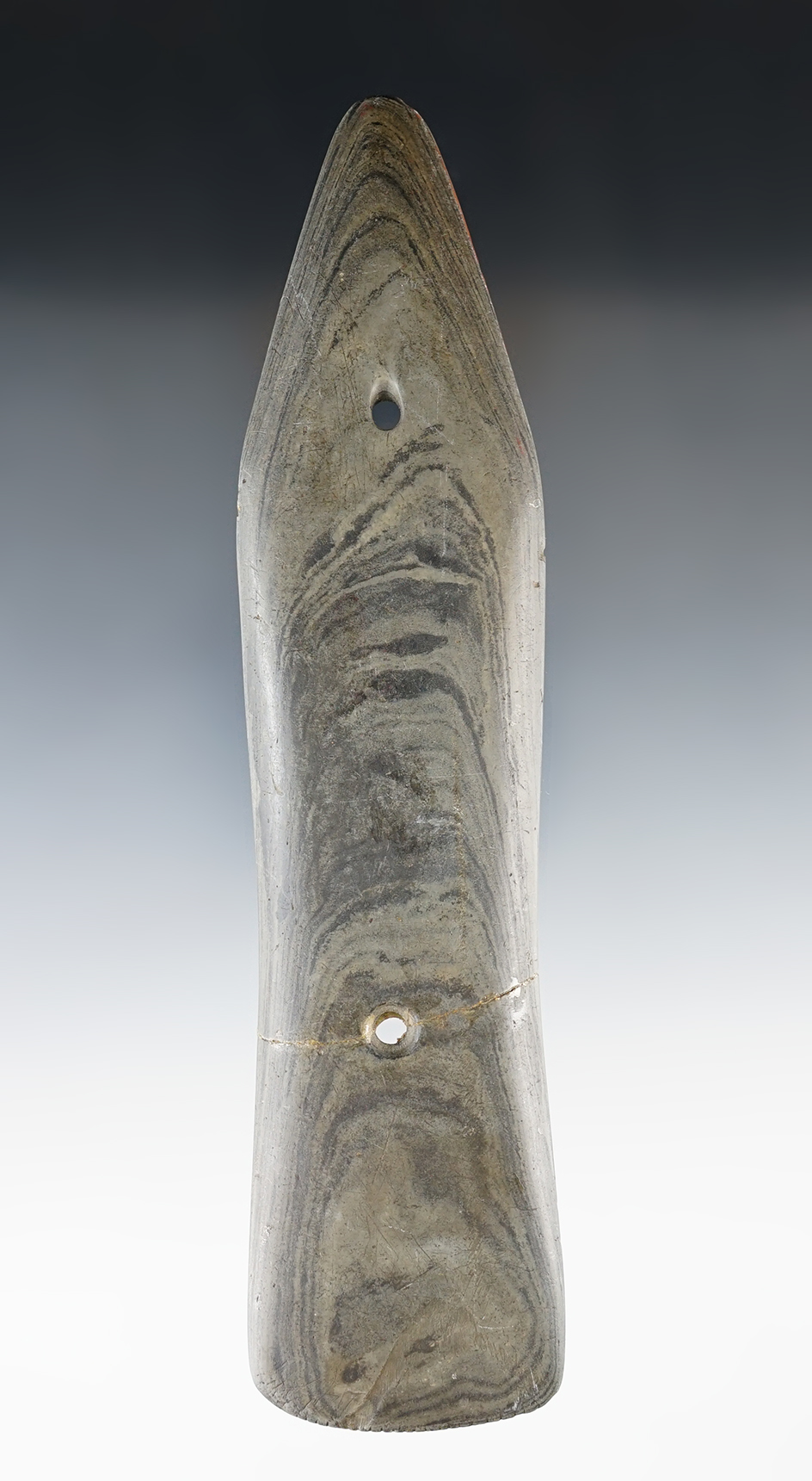 Large 7 1/4" Glacial Kame Spear Gorget  glued at the lower hole. Tallies on the bottom. Michigan.