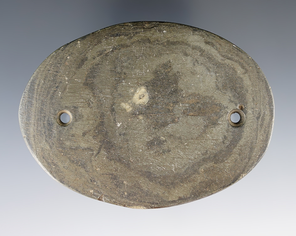 3 5/8" Glacial Kame Oval Gorget made from green and black Banded Slate. Found in Saginaw Co., MI.
