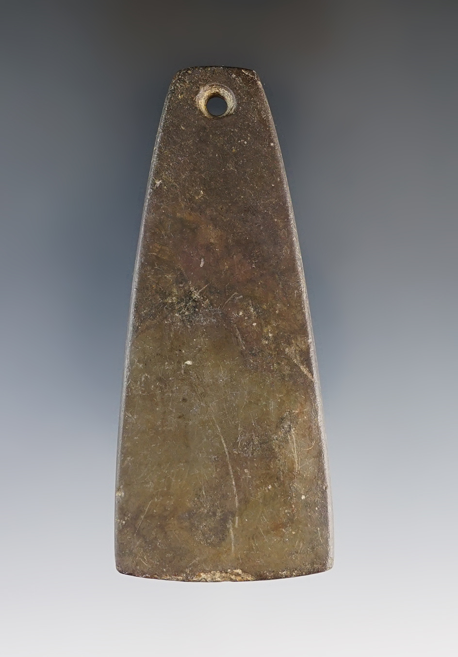 3 1/2" Hopewell Trapezoidal Pendant made from brown Slate. Found in Monroe Co., Michigan.