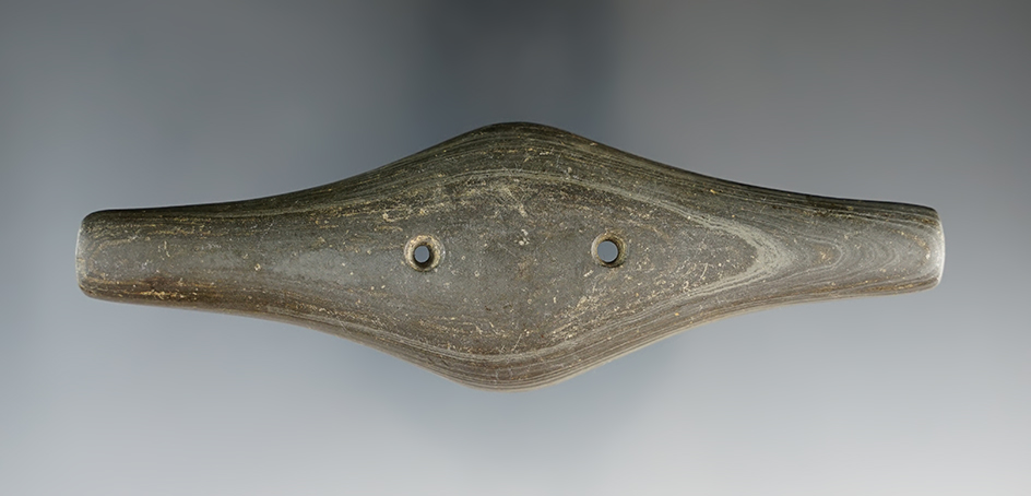 4 7/8" Adena Expanded Center Gorget made from Banded Slate. Found in Clark Co., Ohio. Ex. D. Brevard