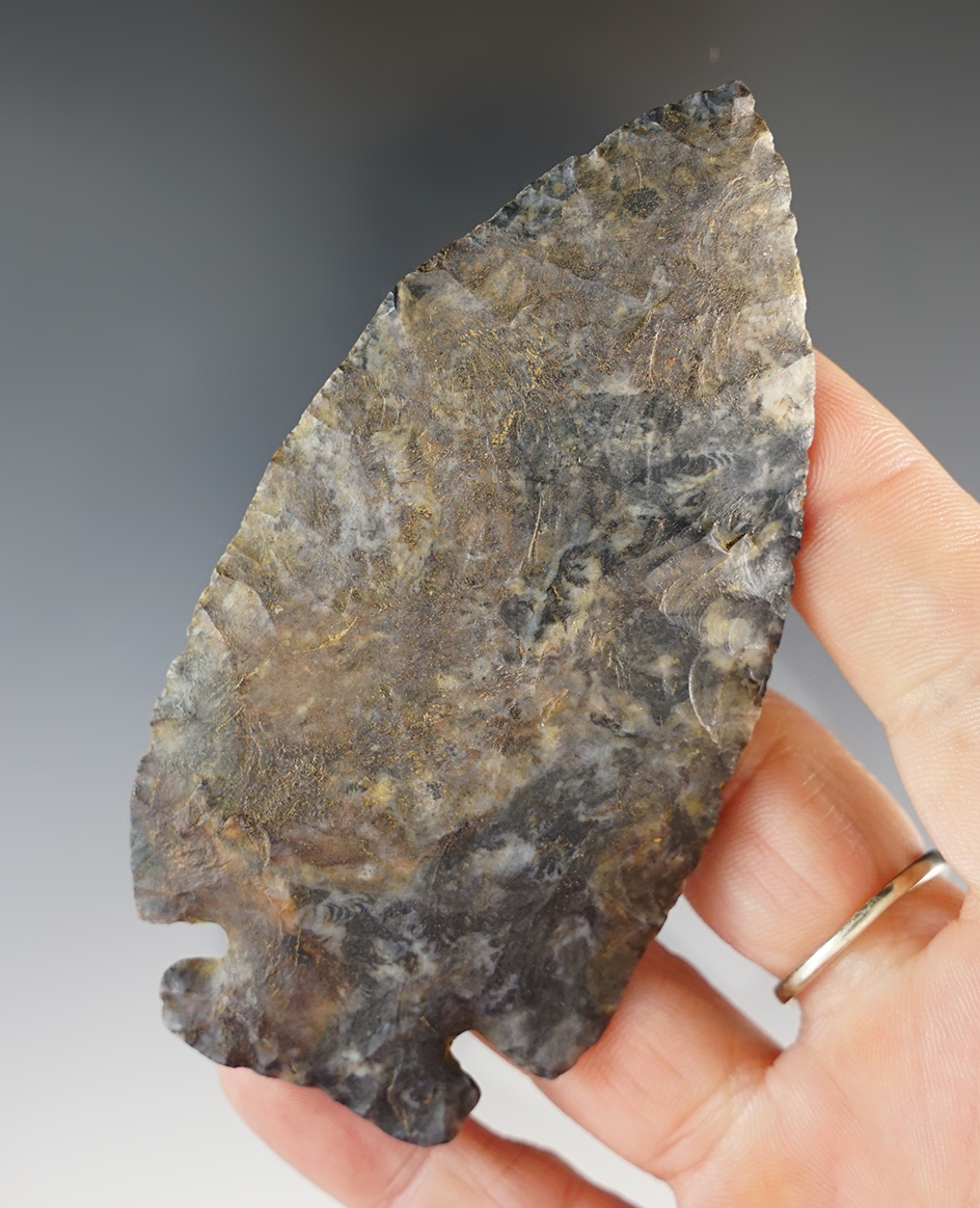 3 13/16" Archaic Cornernotch found in Jay Co., Indiana. Pictured in Who's Who #10, page 178.