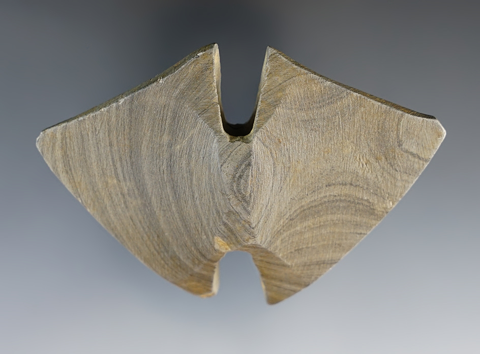 3 3/8" Archaic Wing Bannerstone found in Monroe Co., Michigan. Pictured in Prehistoric American!