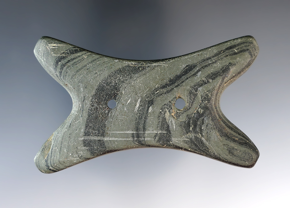 3 7/16" Hopewell Reel Gorget made from green and black Banded Slate, found in Ohio. Ex. Bill Tiell.