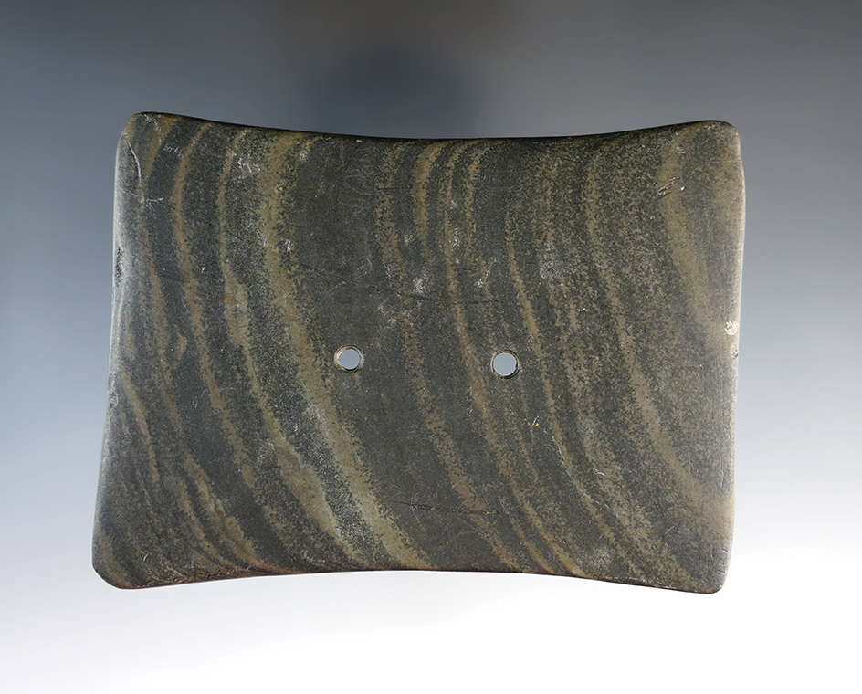 4 3/8" Adena Quadriconcave Gorget found 2 miles North of Fayette in Gorham Twp., Fulton Co., Ohio.