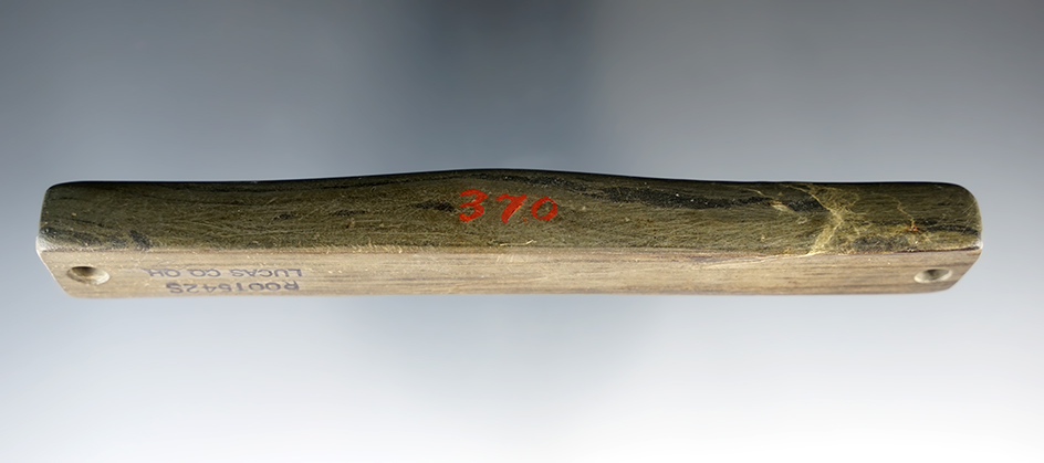 5 9/16" Early Woodland Bar Amulet made from green and black Banded Slate. Found in Lucas Co., Ohio.