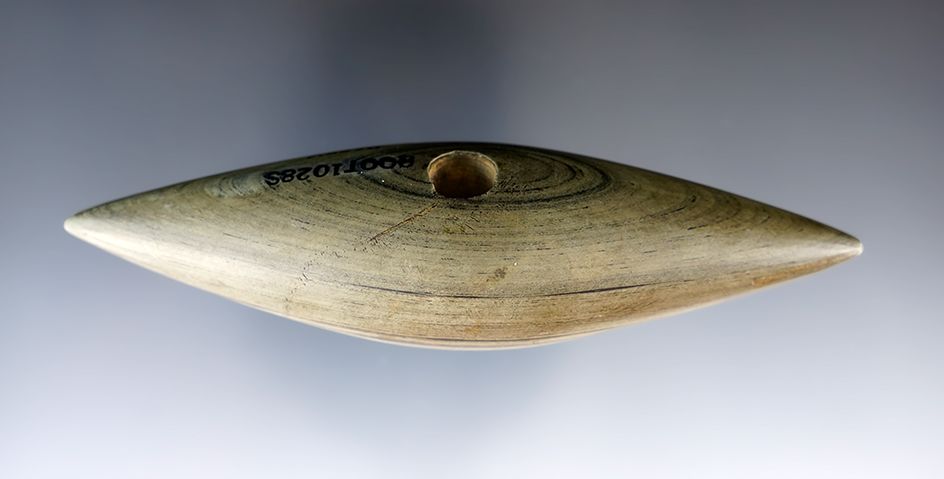 4 3/4" Archaic Pick Bannerstone made from green and black Banded Slate. Found in Barry Co., MI.