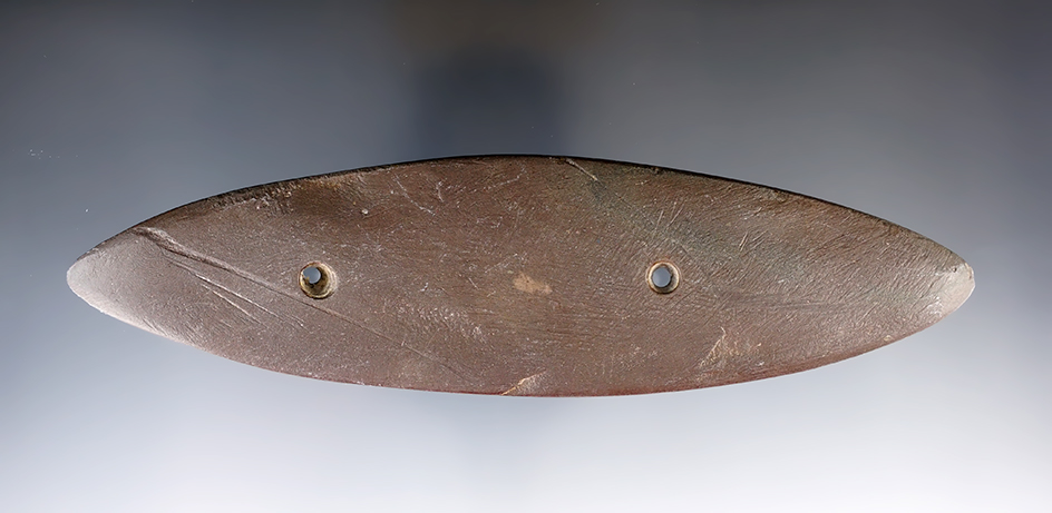 6 7/8" Glacial Kame Bi-Pointed Gorget made from Slate. Found in Huron Co., Ohio. Ex. Clyde Theler.