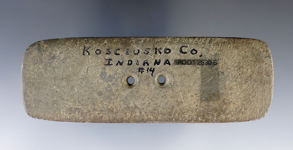 4 3/16" Hopewell Bar Gorget made from green Slate. Found in Kosciusko Co., Indiana. Ex. Herman Cull.