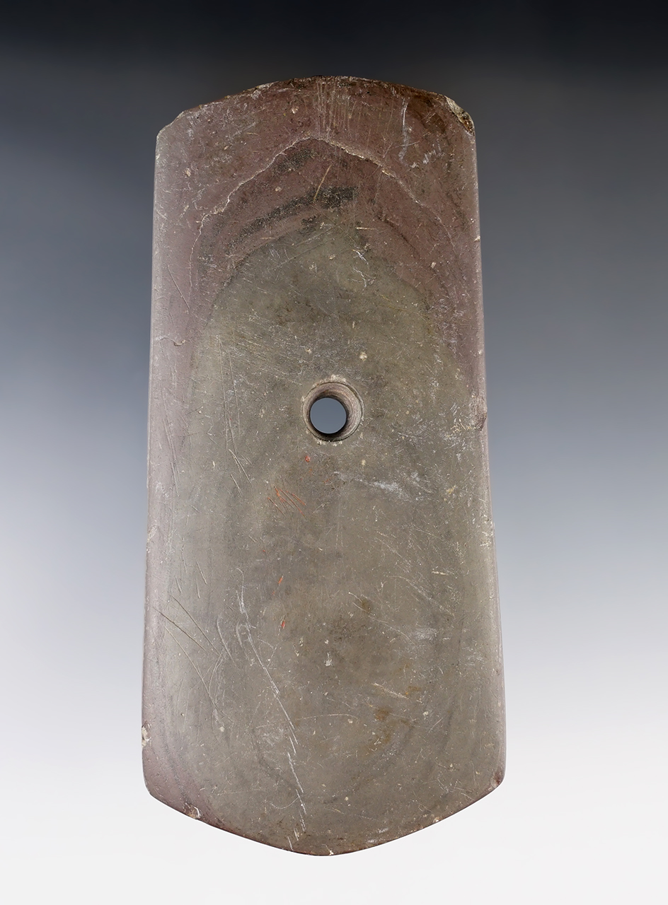 5" Adena Pentagonal Pendant made from Mottled Slate. Found in Indiana. Ex. Phil Dickey Collection.