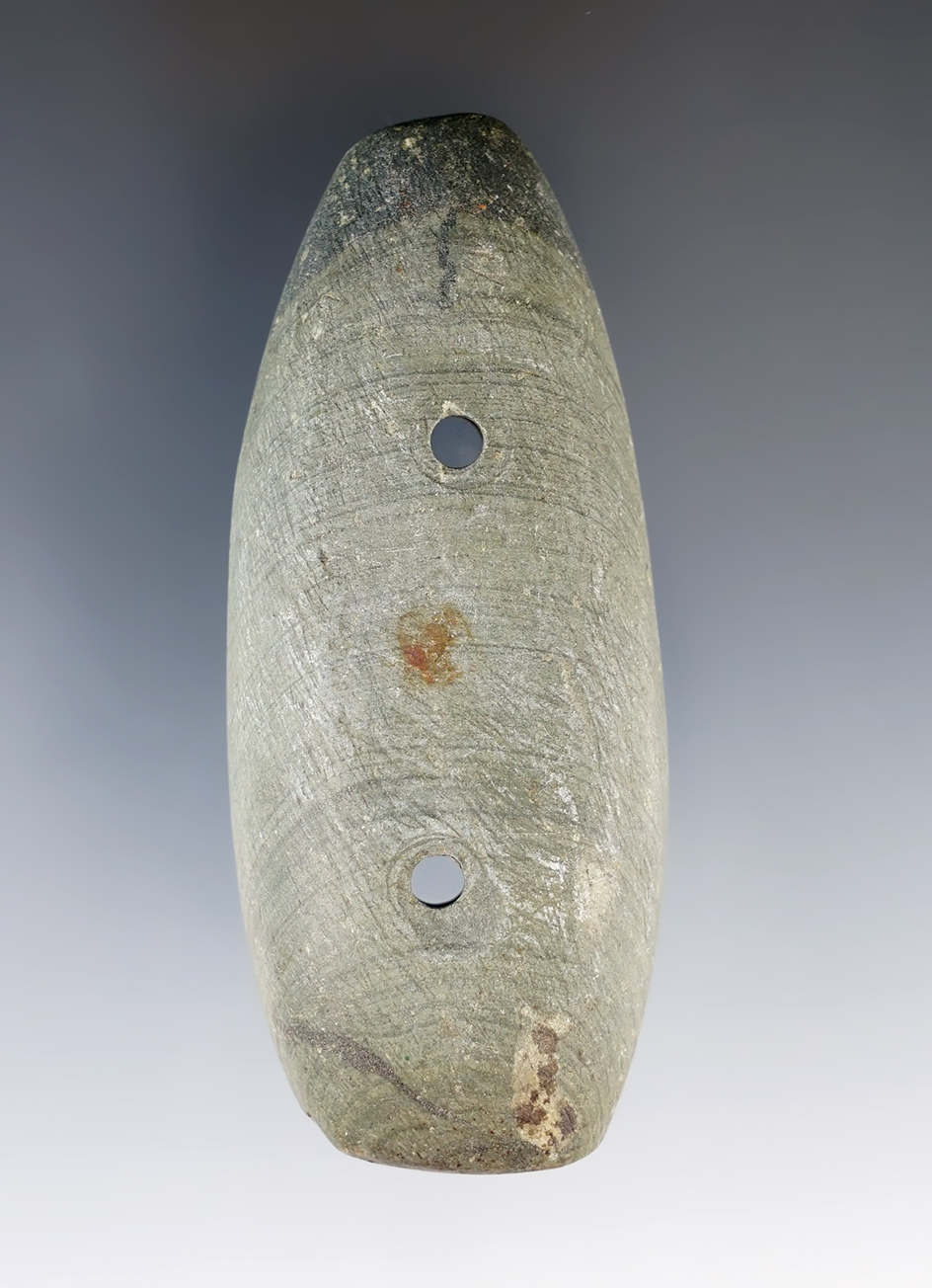 3 1/4" Glacial Kame Gorget made from green and black Banded Slate. Found in Hillsdale Co., Michigan.