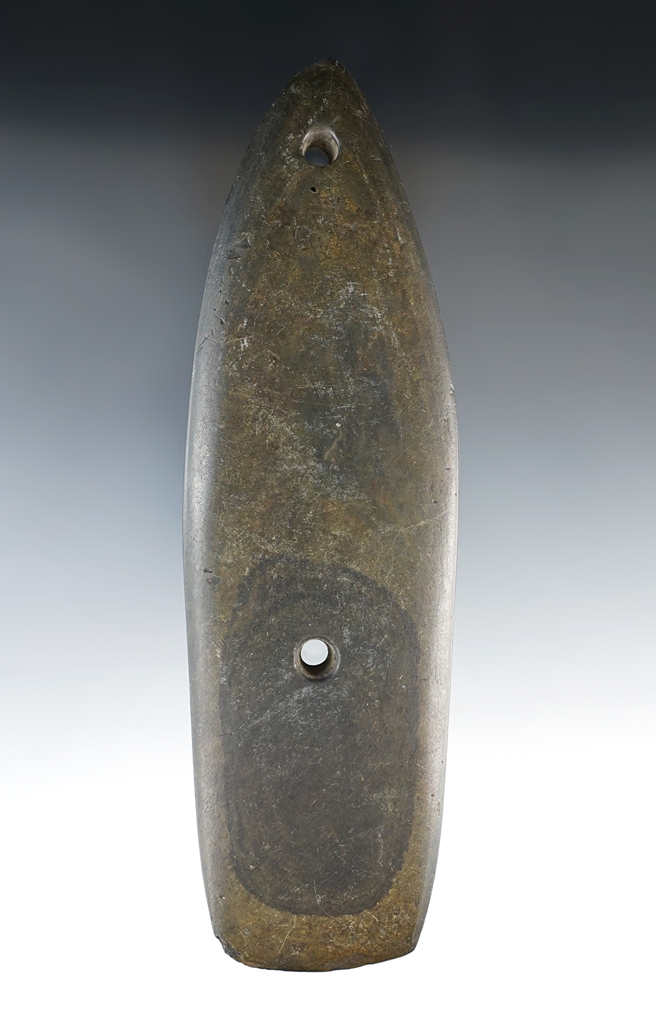 6 5/8" Glacial Kame Sandal Sole Gorget found in the vicinity of Stoney Ridge, Troy Twp., Wood Co., O