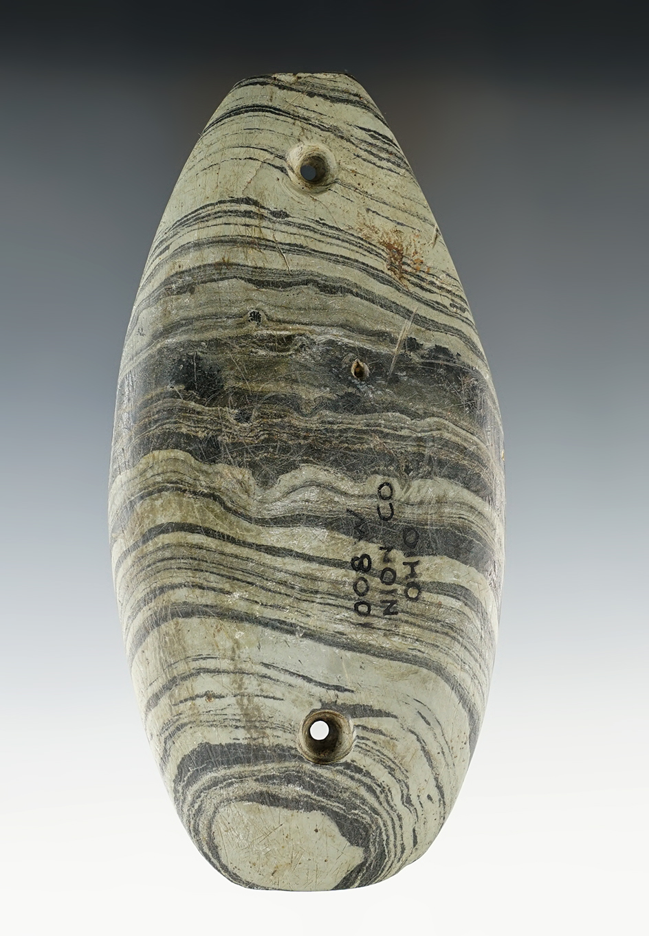 5" Glacial Kame Sandal Sole Gorget made from Banded Slate. Found in Union Co., Ohio. Ex. Wehrle.