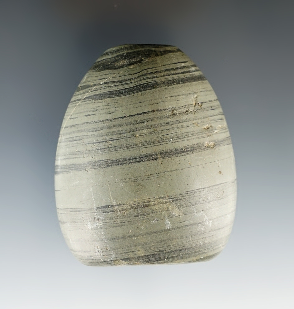 2 1/4" Archaic Ball Bannerstone made from green and black Banded Slate. Found in Wayne Co., Ohio.