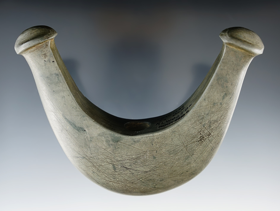 4 3/8" Archaic Knobbed Crescent made from green and black Banded Slate, found in Crawford Co., Ohio.