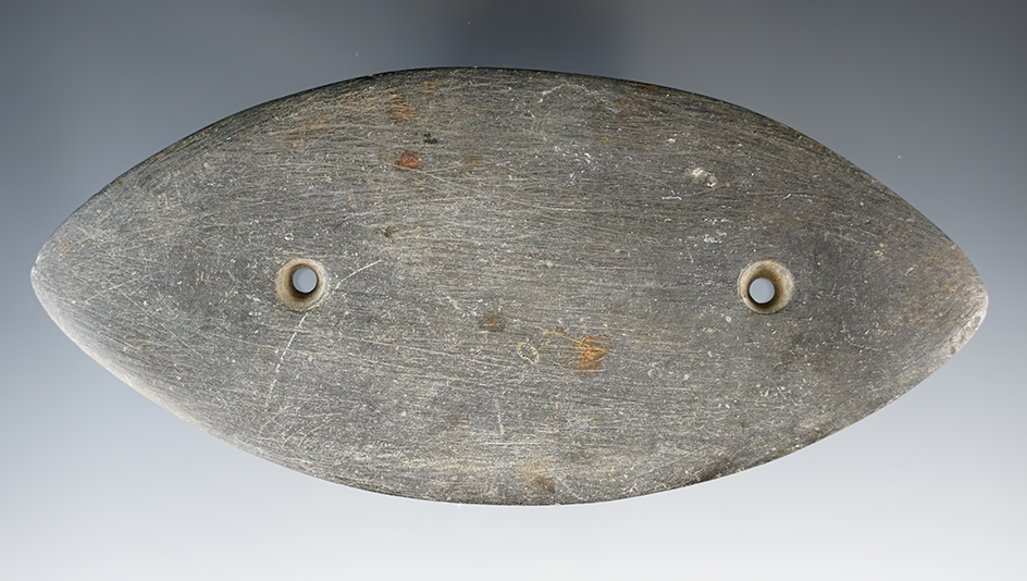 6" Glacial Kame Elliptical Gorget made from Slate, found in Shelby Co., Ohio. Pictured in Who's Who