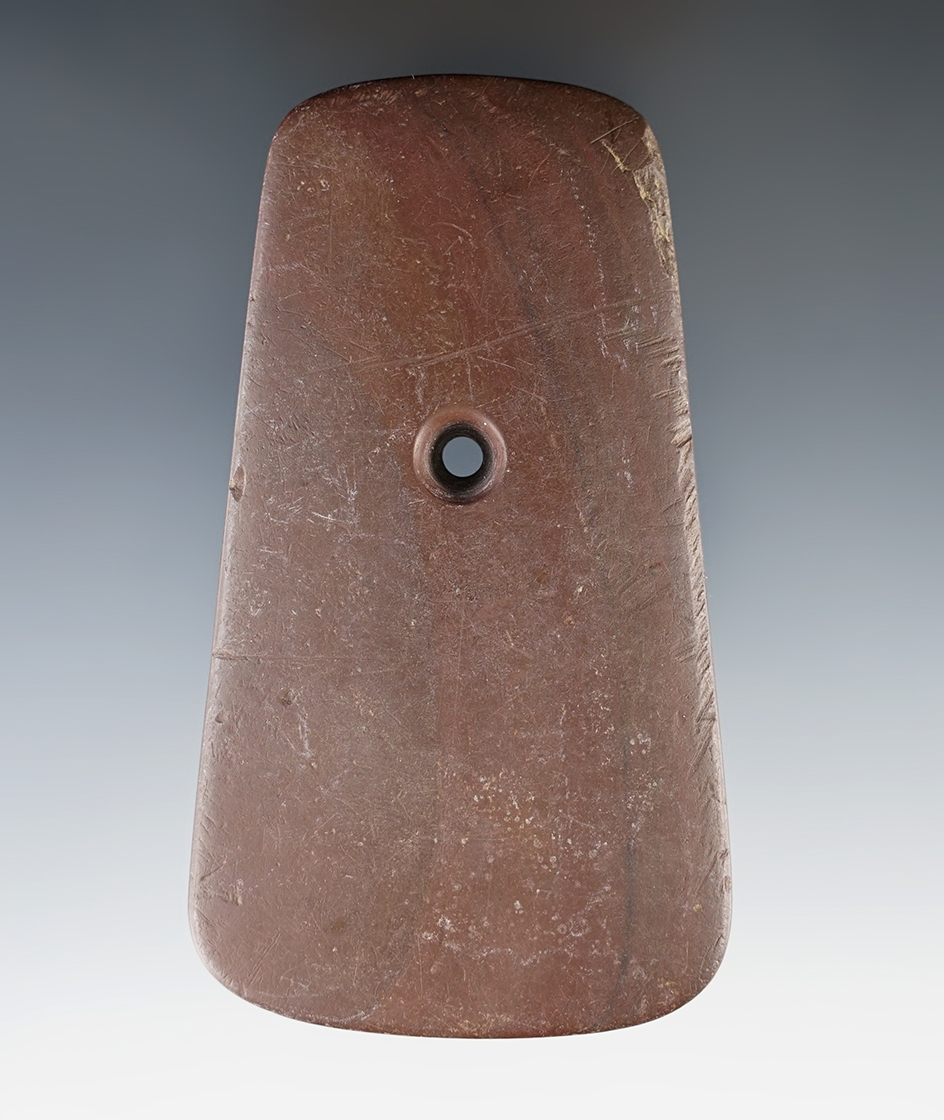 3 3/4" Adena Trapezoidal Pendant made from red Banded Slate. Found in Randolph Co., Indiana.