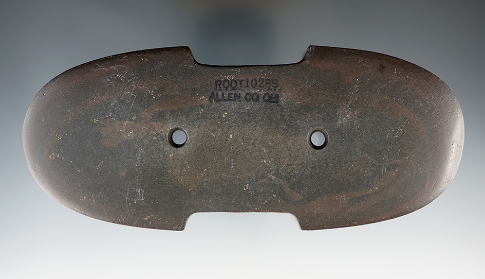 6 3/16" Glacial Kame Indented Gorget found in Allen Co., Ohio. Pictured in Who's Who #8.